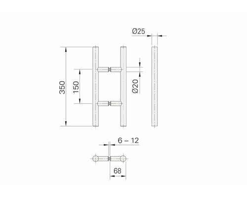 Technische Zeichnung eines Türgriffs mit Maßangaben
