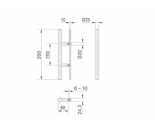 Technische Zeichnung eines Türgriffs mit Maßangaben