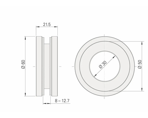 Technische Zeichnung eines Rings mit den Maßen 60 mm Außendurchmesser, 30 mm Innendurchmesser, 21,5 mm Breite und 8 bis 12,7 mm Tiefe