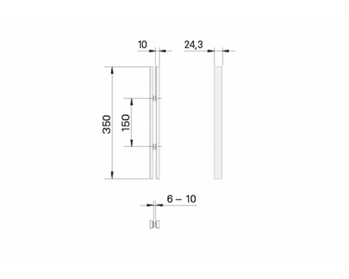 Technische Zeichnung mit den Abmessungen eines Bauteils: Höhe 350 mm, Breite 10 mm, Tiefe 24,3 mm
