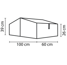 Dimensionszeichnung eines Gerätehauses mit den Maßen 100 mal 60 mal 39 mal 26 Zentimeter