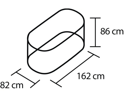 Schematische Darstellung eines Badewannenaufsatzes mit den Maßen 162 cm Länge, 82 cm Breite und 86 cm Höhe.