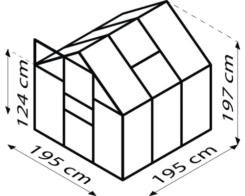 Abmessungen eines Gewächshauses: 195 cm Breite, 197 cm Höhe, 124 cm Seitenhöhe