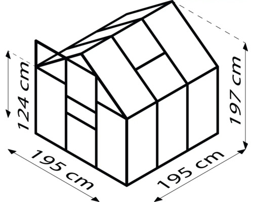 Abbildung eines Gewächshauses mit den Maßen 195 x 195 x 197 cm und einer Seitenhöhe von 124 cm.