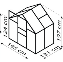 Abmessungen eines Gewächshauses: 124 cm Höhe vorne, 197 cm Höhe gesamt, 195 cm Breite, 131 cm Tiefe.
