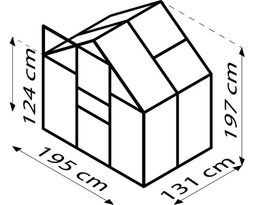 Abmessungen eines Gewächshauses: 124 cm Höhe vorne, 197 cm Höhe gesamt, 195 cm Breite, 131 cm Tiefe.