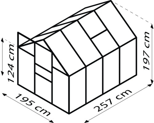 Skizze eines Gewächshauses mit Maßangaben: Höhe 197 cm, Breite 257 cm, Seitenhöhe 124 cm, Tiefe 195 cm.