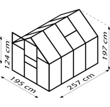 Abbildung eines Gewächshauses mit den Maßen 124 cm Höhe, 195 cm Breite und 257 cm Länge