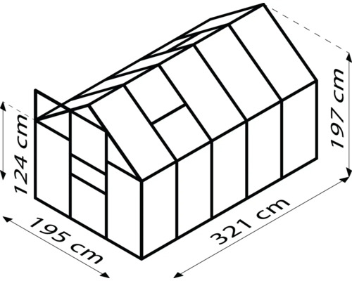 Abbildung eines Gewächshauses mit den Maßen 124 cm Höhe, 195 cm Breite und 321 cm Länge.