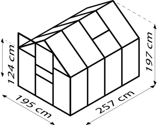 Schema des Gewächshauses mit den Maßen 257 cm Länge, 195 cm Breite und 197 cm Höhe