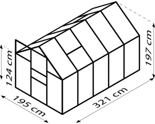 Abmessungen eines Gewächshauses: 195 cm breit, 321 cm tief und 197 cm hoch