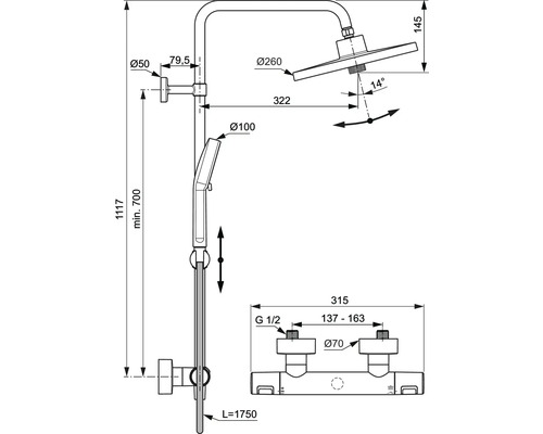 Technische Zeichnung eines Duschsystems mit Kopfbrause, Handbrause und Thermostatbatterie mit Maßangaben