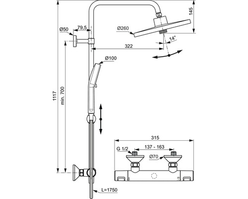 Technische Zeichnung eines Duschsystems mit Maßen
