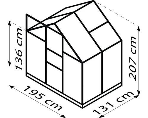 Technische Zeichnung eines Gewächshauses mit den Maßen 136 cm Höhe vorne, 207 cm Höhe hinten, 195 cm Breite und 131 cm Tiefe