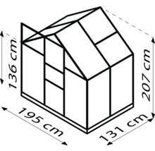 Abmessungen eines Gewächshauses: 195 cm x 131 cm Grundfläche, 136 cm Seitenhöhe, 207 cm Gesamthöhe.