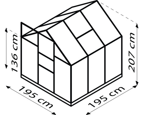 Abbildung eines Gewächshauses mit den Maßen 195 cm x 195 cm x 207 cm