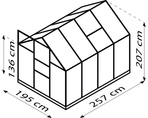 Diagramm eines Gewächshauses mit den Maßen 257 Zentimeter Länge, 195 Zentimeter Breite und 207 Zentimeter Höhe