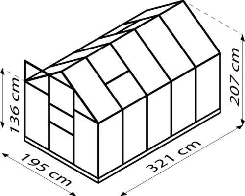 Technische Zeichnung eines Gewächshauses mit Maßangaben.