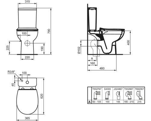 Technische Zeichnung eines WCs mit Abmessungen