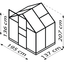 Abbildung eines Gewächshauses mit den Maßen 136 cm Höhe, 195 cm Breite, 207 cm Höhe und 137 cm Tiefe.