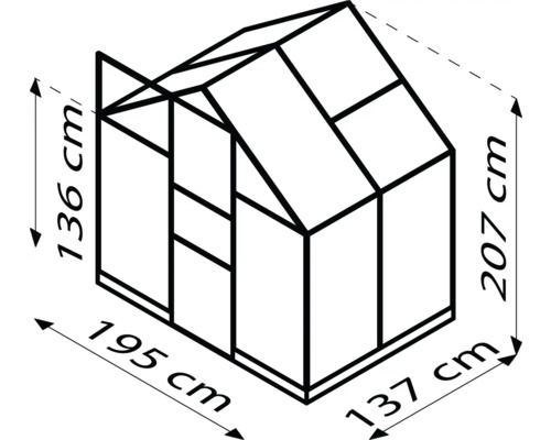 Abbildung eines Gewächshauses mit den Maßen 136 cm Höhe, 195 cm Breite, 207 cm Höhe und 137 cm Tiefe.