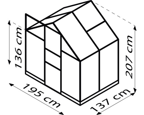 Technische Zeichnung eines Gewächshauses mit den Maßen 136 cm, 195 cm, 207 cm und 137 cm.