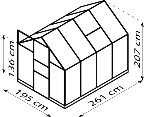 Abmessungen Gewächshaus: 261 cm Länge, 195 cm Breite, 207 cm Höhe, 136 cm Seitenhöhe