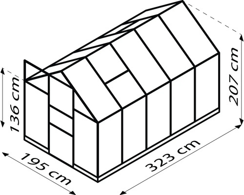 Illustration eines Gewächshauses mit den Maßen 195 cm x 323 cm x 207 cm