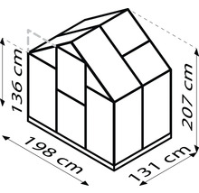 Abbildung eines Gewächshauses mit Maßangaben: 136 cm Höhe der Seitenwand, 207 cm Gesamthöhe, 198 cm Breite und 131 cm Tiefe.