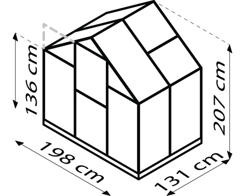 Gewächshaus Umriss mit den Maßen 136 cm Höhe vorne, 207 cm Höhe hinten, 198 cm Breite und 131 cm Tiefe