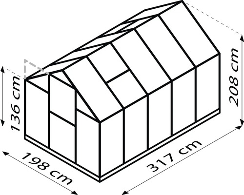 Skizze eines Gewächshauses mit Maßangaben: 136 cm Höhe vorne, 208 cm Höhe hinten, 198 cm Breite, 317 cm Länge.