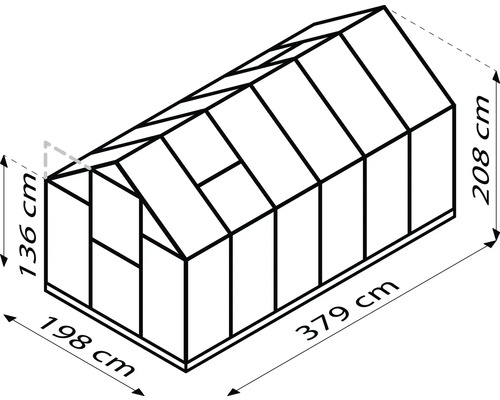 Abbildung eines Gewächshauses mit den Maßen 198 cm Breite, 379 cm Länge und 208 cm Höhe