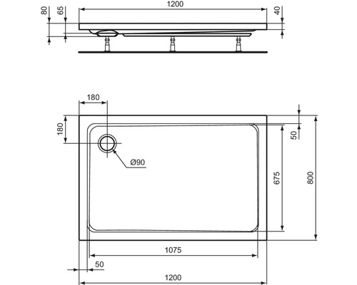 Technische Zeichnung einer Duschwanne mit Maßangaben