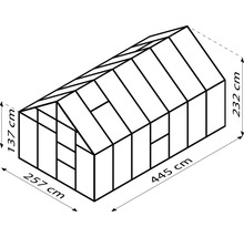 Illustration eines Gewächshauses mit Abmessungen: Höhe 232 cm, Breite 257 cm, Länge 445 cm.