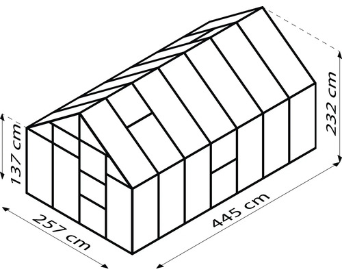 Illustration eines Gewächshauses mit den Maßen 257 mal 445 mal 232 Zentimeter