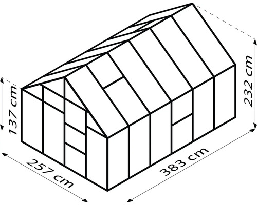 Abbildung eines Gewächshauses mit Abmessungen: 257 cm breit, 383 cm lang und 232 cm hoch.