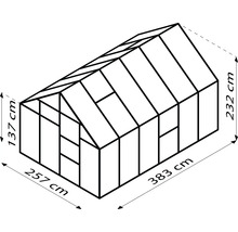 Zeichnung eines Gewächshauses mit den Maßen 257 cm Breite, 383 cm Länge und 232 cm Höhe.