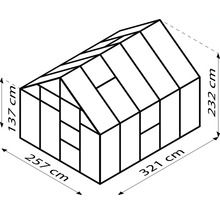 Schema eines Gewächshauses mit den Maßen 257 cm Breite, 321 cm Länge und 232 cm Höhe