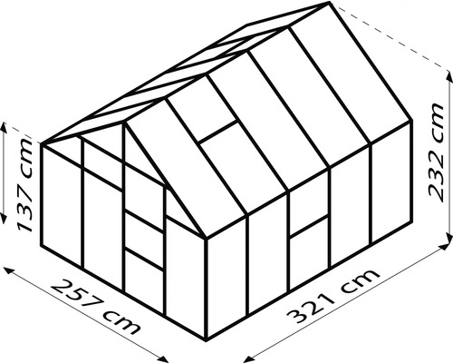 Schema eines Gewächshauses mit den Maßen 257 cm Breite, 321 cm Länge und 232 cm Höhe