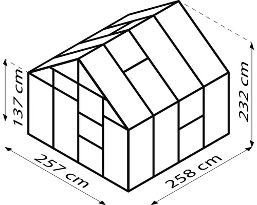Abbildung eines Gewächshauses mit den Maßen 257 cm, 258 cm, 137 cm und 232 cm.