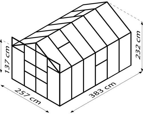 Schema eines Gewächshauses mit den Maßen 257 mal 383 mal 232 Zentimeter