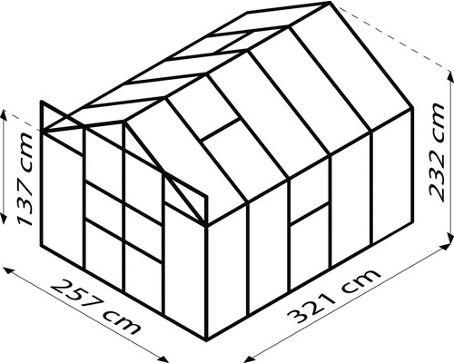 Skizze eines Gewächshauses mit Maßangaben: Höhe 232 cm, Seitenhöhe 137 cm, Breite 257 cm, Länge 321 cm.