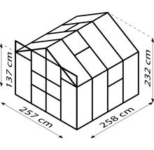 Abmessungen Gewächshaus: 257 cm breit, 258 cm tief und 232 cm hoch.