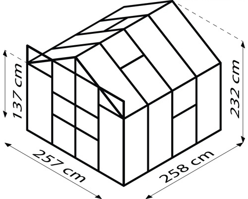 Zeichnung eines Gewächshauses mit den Maßen 257 cm Breite, 258 cm Länge und 232 cm Höhe