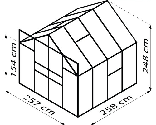 Abmessungen eines Gewächshauses: 257 cm x 258 cm Grundfläche, 154 cm Seitenhöhe, 248 cm Gesamthöhe.