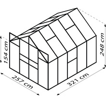 Illustration eines Gewächshauses mit den Maßen 257 cm mal 321 cm Grundfläche und 248 cm Höhe