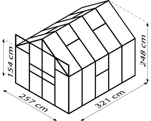 Illustration eines Gewächshauses mit Maßangaben: 257 cm Breite, 321 cm Länge, 154 cm Seitenhöhe und 248 cm Gesamthöhe.