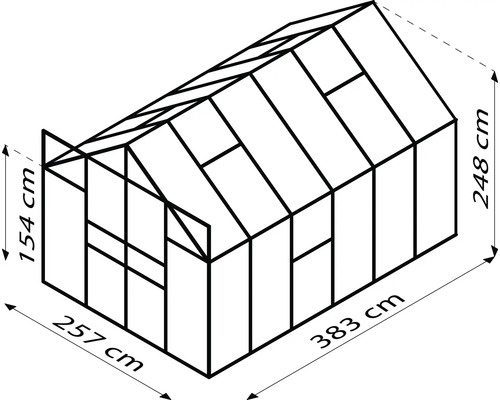 Abbildung eines Gewächshauses mit den Maßen 257 cm x 383 cm x 248 cm.