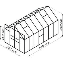 Illustration eines Gewächshauses mit den Maßen 257 mal 445 mal 248 Zentimeter.
