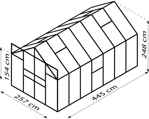 Illustration eines Gewächshauses mit den Maßen 257 mal 445 mal 248 Zentimeter.